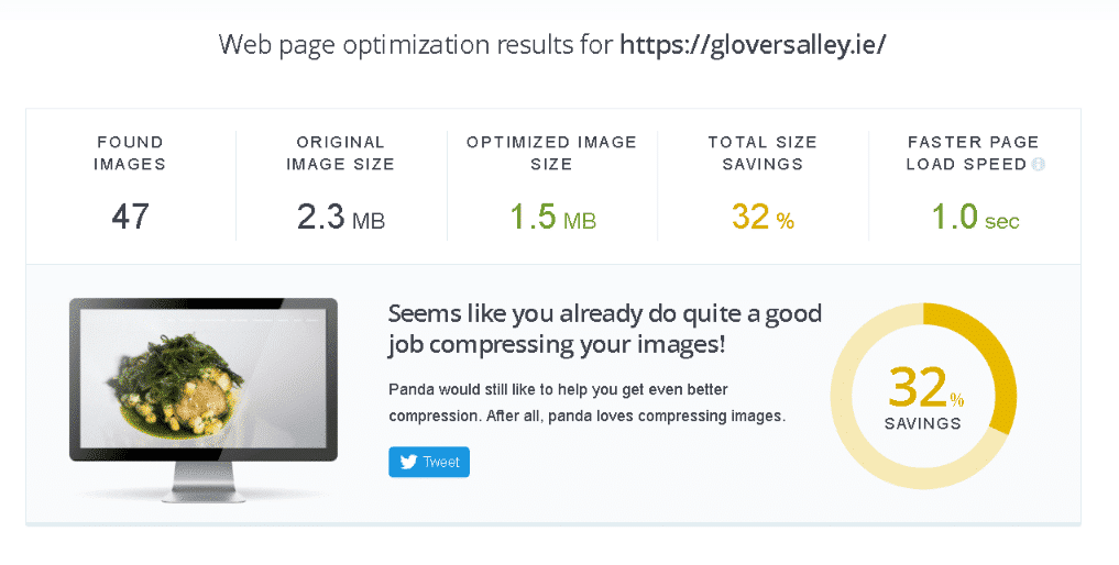 TyniPNG about web optimisation results for Gloversalley.ie