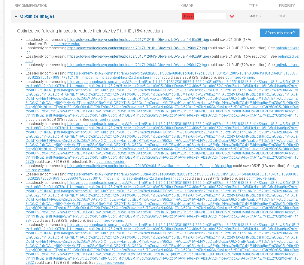 Gtmetrix results page showing the detail of images that need to be optimised