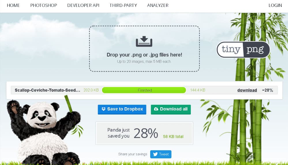 TinyPNG.com showing the compression of an image in percentage