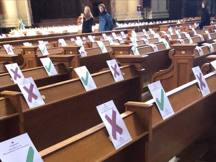 Social distancing photo gallery - benches in German church