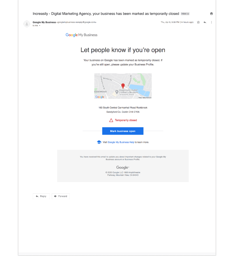 How to update Google My Business during COVID-19 - email from Google saying the listing has been marked as temporarily closed