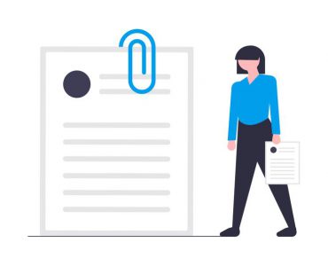 Trading Online Voucher - woman standing next to giant curriculum vitae