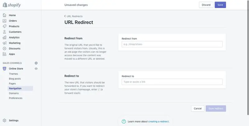 create a url redirect in shopify