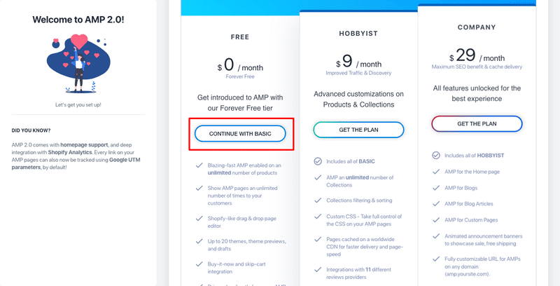 how to enable amp in shopify continue with basic
