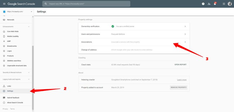 google search console settings and associations