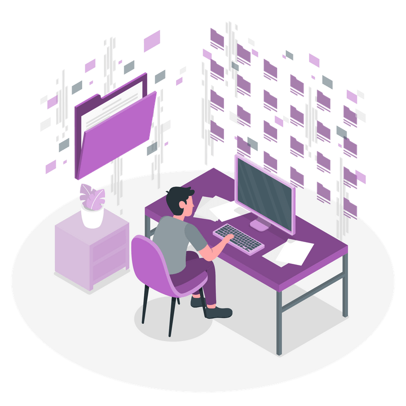 subdomain vs subdirectory man sitting at desk in front of folders illustration