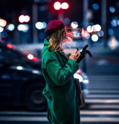 weekly roundup - woman in green checking her phone on the street at night
